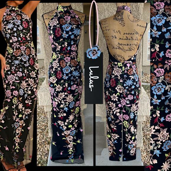 Lulus Black 3D Floral Embroidered Halter Infinite Praise Maxi Dress Size M - Picture 13 of 13